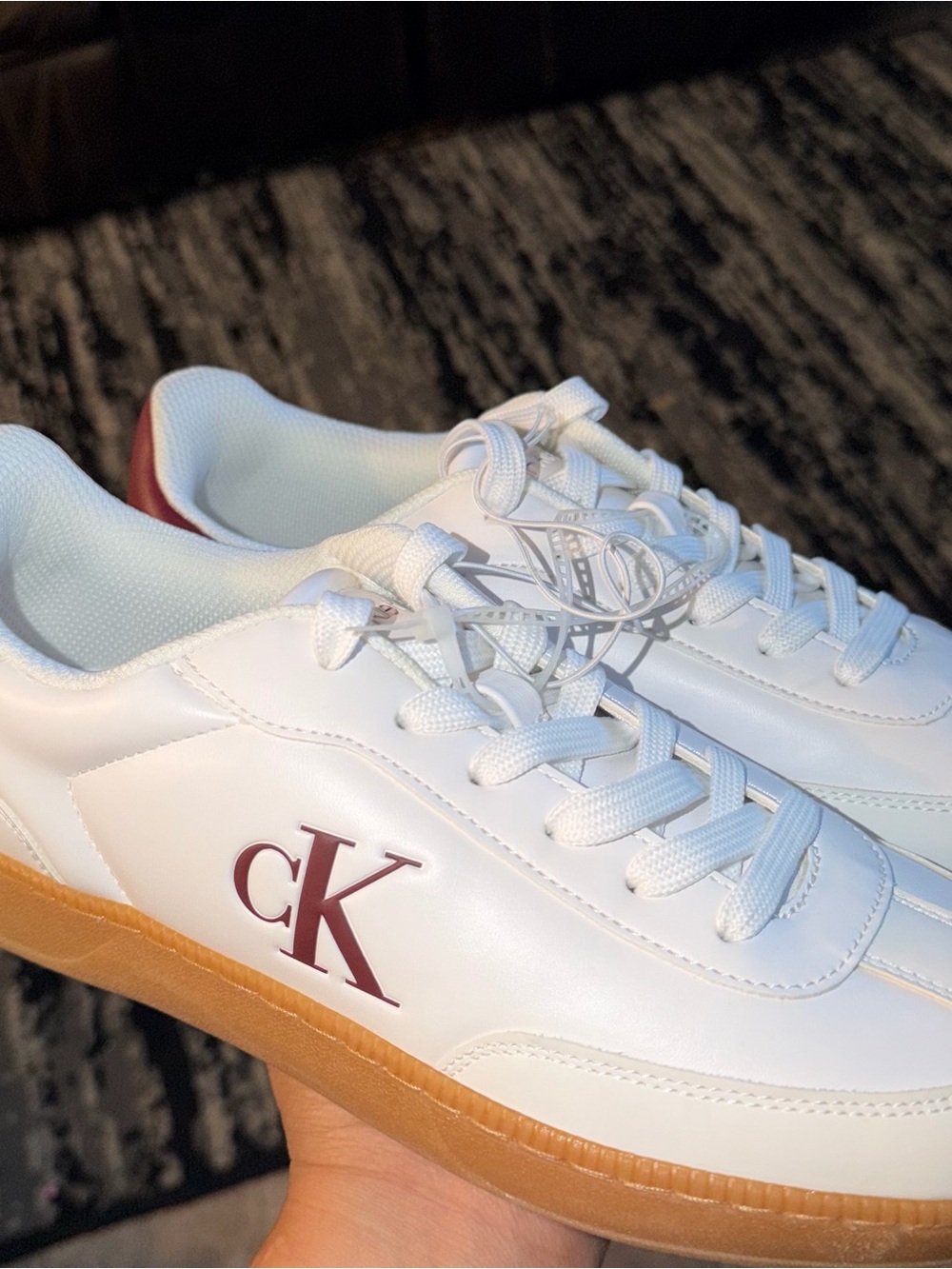 Calvin Klein White Sneakers with Burgundy Logo and Gum Sole